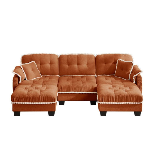 English Elm Chenille U-Shaped Sectional Sofa with Tufted Cushions Pom-Pom Trim and Movable Ottoman Orange W714S01901