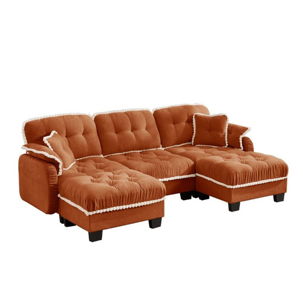 English Elm Chenille U-Shaped Sectional Sofa with Tufted Cushions Pom-Pom Trim and Movable Ottoman Orange W714S01901