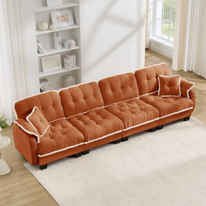 English Elm Chenille Cloud Sofa Quilted Tufted Cushions Pom-Pom Trim Four Seat Living Room Couch Orange W714S01902