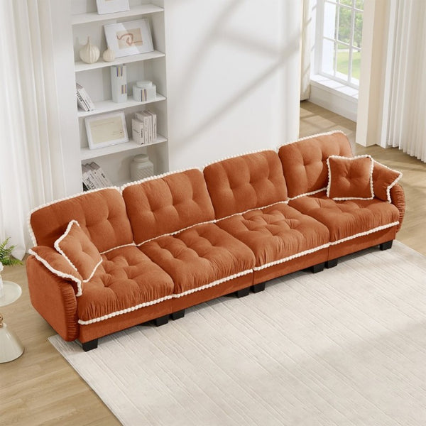 English Elm Chenille Cloud Sofa Quilted Tufted Cushions Pom-Pom Trim Four Seat Living Room Couch Orange W714S01902