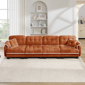 English Elm Chenille Cloud Sofa Quilted Tufted Cushions Pom-Pom Trim Four Seat Living Room Couch Orange W714S01902