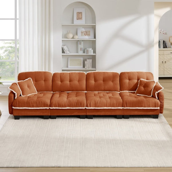 English Elm Chenille Cloud Sofa Quilted Tufted Cushions Pom-Pom Trim Four Seat Living Room Couch Orange W714S01902
