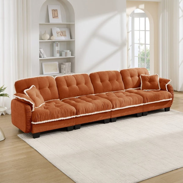 English Elm Chenille Cloud Sofa Quilted Tufted Cushions Pom-Pom Trim Four Seat Living Room Couch Orange W714S01902