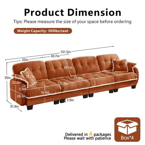 English Elm Chenille Cloud Sofa Quilted Tufted Cushions Pom-Pom Trim Four Seat Living Room Couch Orange W714S01902
