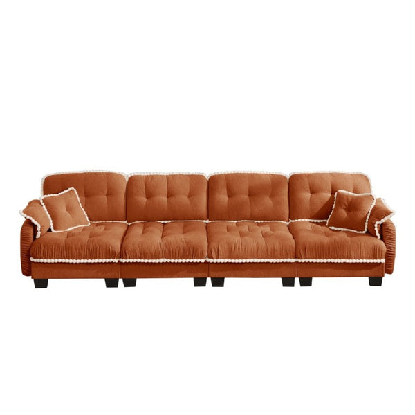 English Elm Chenille Cloud Sofa Quilted Tufted Cushions Pom-Pom Trim Four Seat Living Room Couch Orange W714S01902