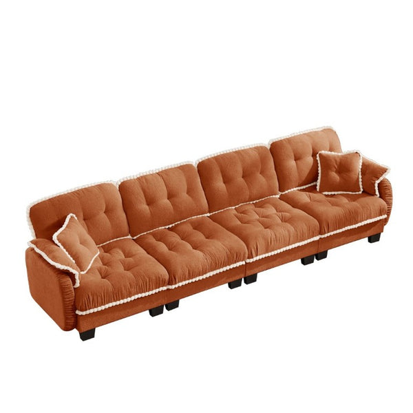 English Elm Chenille Cloud Sofa Quilted Tufted Cushions Pom-Pom Trim Four Seat Living Room Couch Orange W714S01902