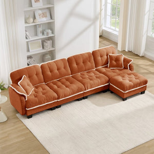 English Elm Chenille Cloud Sectional Sofa Quilted Tufted Cushions Pom-Pom Trim Movable Ottoman Orange W714S01903