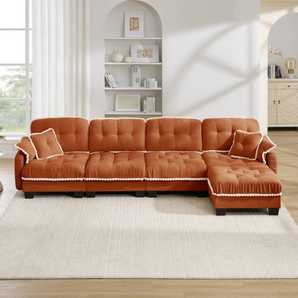 English Elm Chenille Cloud Sectional Sofa Quilted Tufted Cushions Pom-Pom Trim Movable Ottoman Orange W714S01903