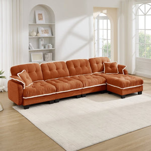 English Elm Chenille Cloud Sectional Sofa Quilted Tufted Cushions Pom-Pom Trim Movable Ottoman Orange W714S01903