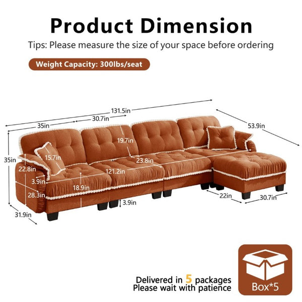 English Elm Chenille Cloud Sectional Sofa Quilted Tufted Cushions Pom-Pom Trim Movable Ottoman Orange W714S01903