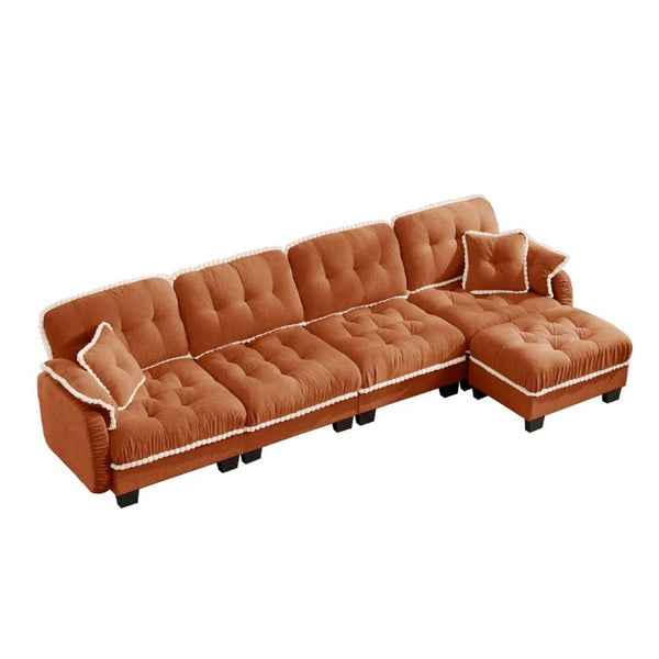 English Elm Chenille Cloud Sectional Sofa Quilted Tufted Cushions Pom-Pom Trim Movable Ottoman Orange W714S01903