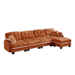 English Elm Chenille Cloud Sectional Sofa Quilted Tufted Cushions Pom-Pom Trim Movable Ottoman Orange W714S01903