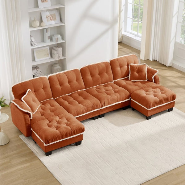 English Elm Chenille Cloud Sectional with Quilted Tufting Pom-Pom Accents and Versatile Ottoman Orange W714S01904
