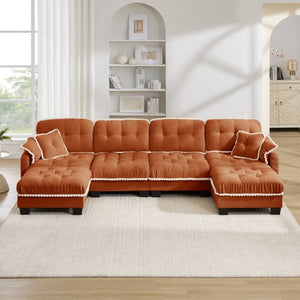 English Elm Chenille Cloud Sectional with Quilted Tufting Pom-Pom Accents and Versatile Ottoman Orange W714S01904