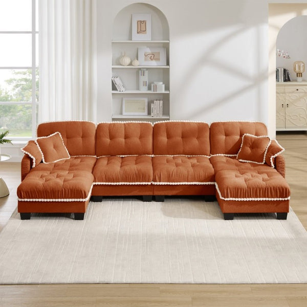 English Elm Chenille Cloud Sectional with Quilted Tufting Pom-Pom Accents and Versatile Ottoman Orange W714S01904