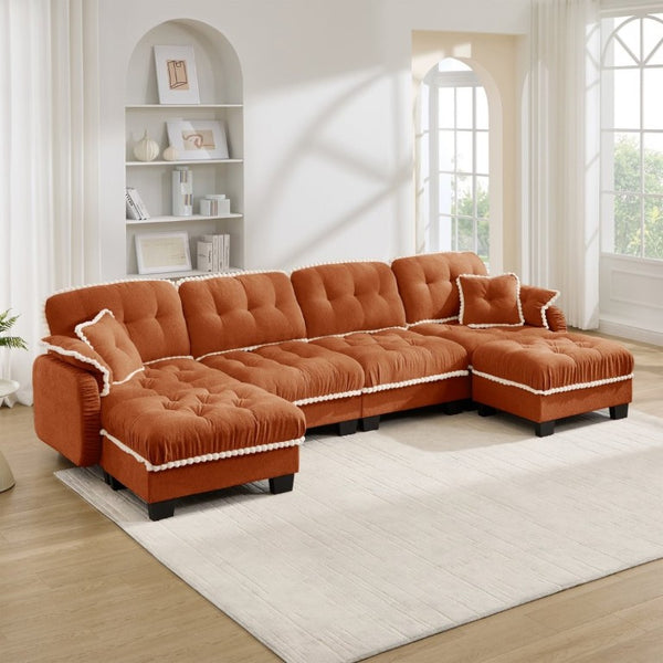 English Elm Chenille Cloud Sectional with Quilted Tufting Pom-Pom Accents and Versatile Ottoman Orange W714S01904