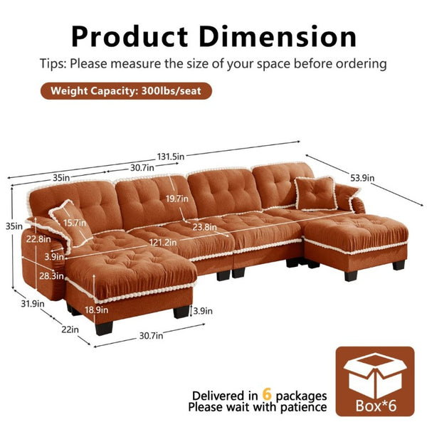 English Elm Chenille Cloud Sectional with Quilted Tufting Pom-Pom Accents and Versatile Ottoman Orange W714S01904