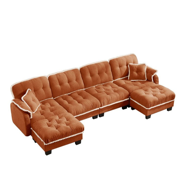 English Elm Chenille Cloud Sectional with Quilted Tufting Pom-Pom Accents and Versatile Ottoman Orange W714S01904
