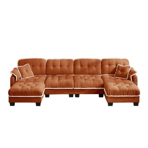 English Elm Chenille Cloud Sectional with Quilted Tufting Pom-Pom Accents and Versatile Ottoman Orange W714S01904