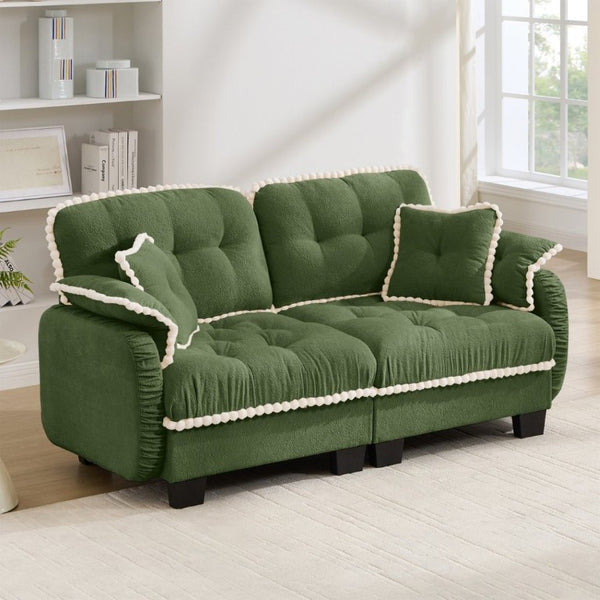 English Elm Chenille Cloud Loveseat with Pom Trim Quilted Tufted Cushions and Ottoman for Compact Living Green W714S01905