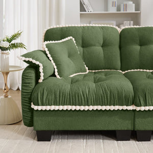 English Elm Chenille Cloud Loveseat with Pom Trim Quilted Tufted Cushions and Ottoman for Compact Living Green W714S01905