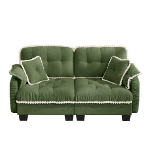 English Elm Chenille Cloud Loveseat with Pom Trim Quilted Tufted Cushions and Ottoman for Compact Living Green W714S01905