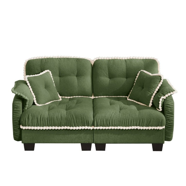 English Elm Chenille Cloud Loveseat with Pom Trim Quilted Tufted Cushions and Ottoman for Compact Living Green W714S01905