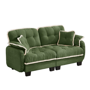 English Elm Chenille Cloud Loveseat with Pom Trim Quilted Tufted Cushions and Ottoman for Compact Living Green W714S01905