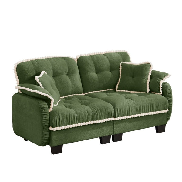 English Elm Chenille Cloud Loveseat with Pom Trim Quilted Tufted Cushions and Ottoman for Compact Living Green W714S01905