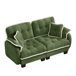 English Elm Chenille Cloud Loveseat with Pom Trim Quilted Tufted Cushions and Ottoman for Compact Living Green W714S01905