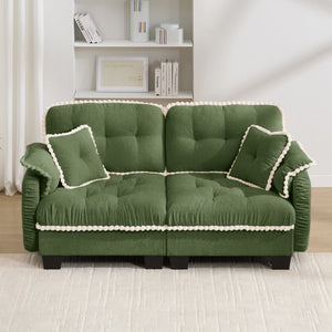 English Elm Chenille Cloud Loveseat with Pom Trim Quilted Tufted Cushions and Ottoman for Compact Living Green W714S01905
