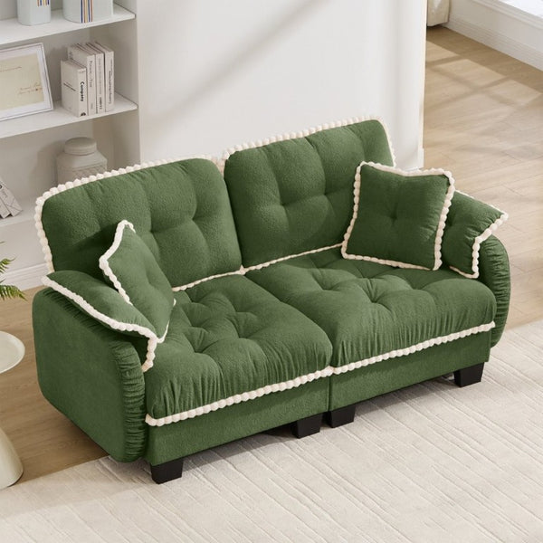 English Elm Chenille Cloud Loveseat with Pom Trim Quilted Tufted Cushions and Ottoman for Compact Living Green W714S01905