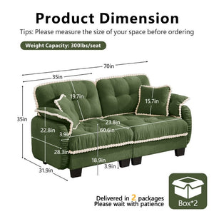 English Elm Chenille Cloud Loveseat with Pom Trim Quilted Tufted Cushions and Ottoman for Compact Living Green W714S01905