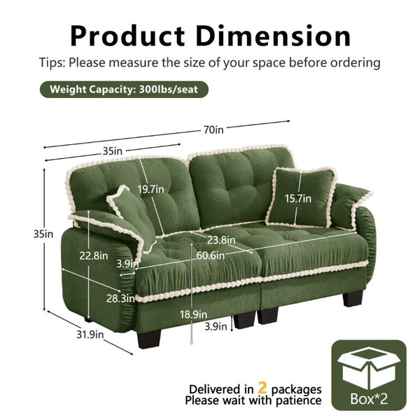 English Elm Chenille Cloud Loveseat with Pom Trim Quilted Tufted Cushions and Ottoman for Compact Living Green W714S01905