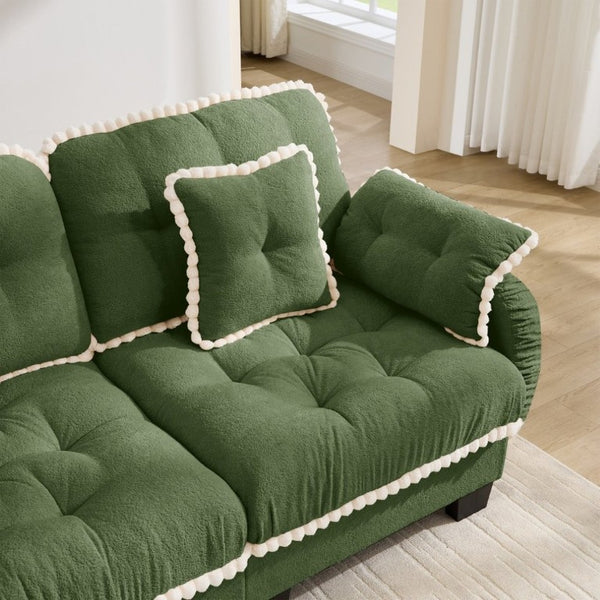 English Elm Chenille Cloud Loveseat with Pom Trim Quilted Tufted Cushions and Ottoman for Compact Living Green W714S01905