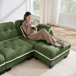 English Elm Chenille Cloud Loveseat with Pom Trim Quilted Tufted Cushions and Ottoman for Compact Living Green W714S01905