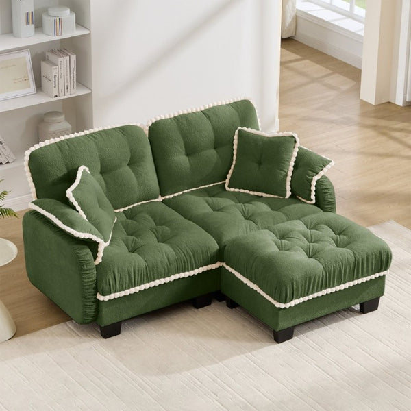 English Elm Chenille Cloud Loveseat Sectional with Tufted Cushions Pom Trim and Movable Ottoman Green W714S01906