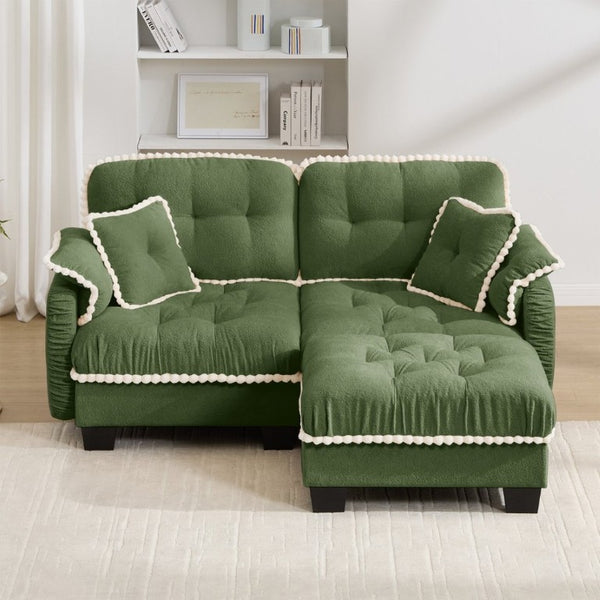 English Elm Chenille Cloud Loveseat Sectional with Tufted Cushions Pom Trim and Movable Ottoman Green W714S01906