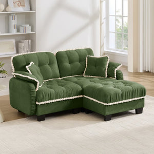 English Elm Chenille Cloud Loveseat Sectional with Tufted Cushions Pom Trim and Movable Ottoman Green W714S01906