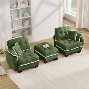 English Elm Chenille Cloud Loveseat Sectional with Tufted Cushions Pom Trim and Movable Ottoman Green W714S01906