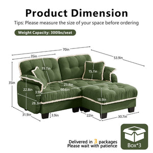 English Elm Chenille Cloud Loveseat Sectional with Tufted Cushions Pom Trim and Movable Ottoman Green W714S01906