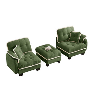English Elm Chenille Cloud Loveseat Sectional with Tufted Cushions Pom Trim and Movable Ottoman Green W714S01906