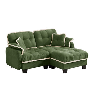 English Elm Chenille Cloud Loveseat Sectional with Tufted Cushions Pom Trim and Movable Ottoman Green W714S01906