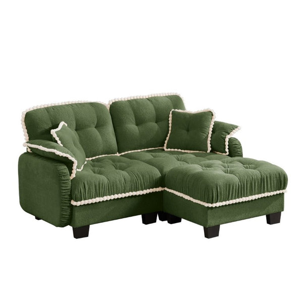 English Elm Chenille Cloud Loveseat Sectional with Tufted Cushions Pom Trim and Movable Ottoman Green W714S01906