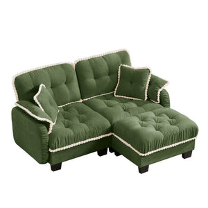 English Elm Chenille Cloud Loveseat Sectional with Tufted Cushions Pom Trim and Movable Ottoman Green W714S01906