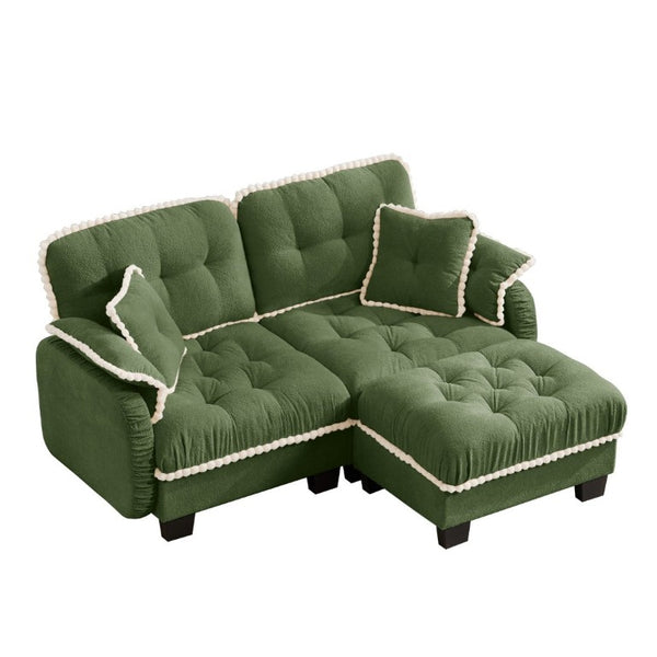 English Elm Chenille Cloud Loveseat Sectional with Tufted Cushions Pom Trim and Movable Ottoman Green W714S01906