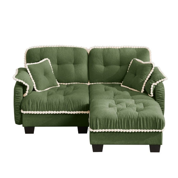 English Elm Chenille Cloud Loveseat Sectional with Tufted Cushions Pom Trim and Movable Ottoman Green W714S01906