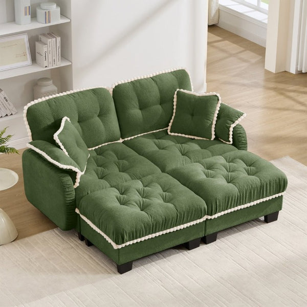 English Elm Chenille Cloud Loveseat with Tufted Cushions Pom-Pom Trim and Movable Ottoman Green W714S01907