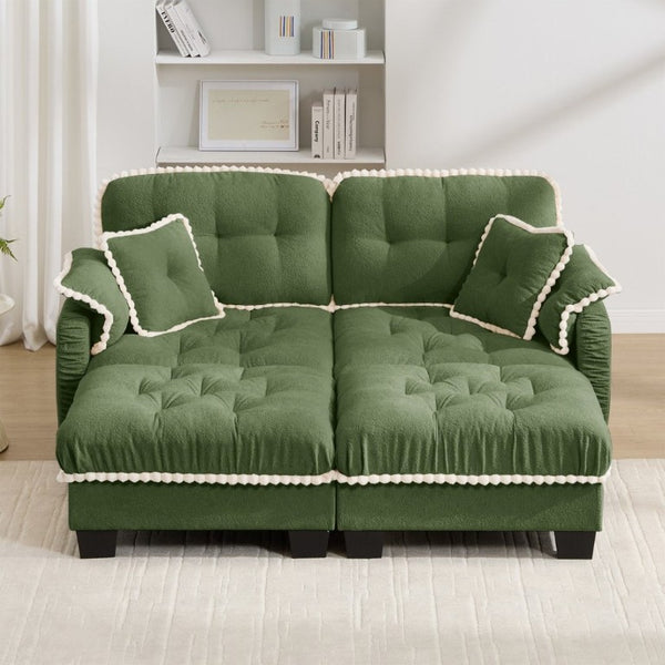 English Elm Chenille Cloud Loveseat with Tufted Cushions Pom-Pom Trim and Movable Ottoman Green W714S01907