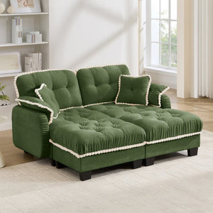 English Elm Chenille Cloud Loveseat with Tufted Cushions Pom-Pom Trim and Movable Ottoman Green W714S01907